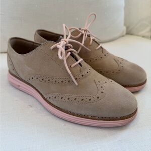 Cole Haan Taupe Suede Wingtip Oxfords with Pink Accents
